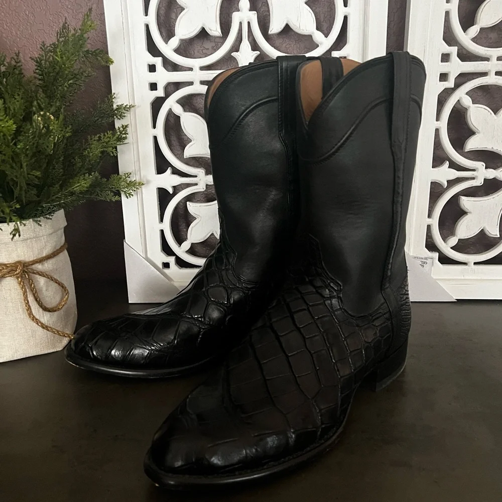 Men's Black Leather Western Boots - Picture 4 of 8